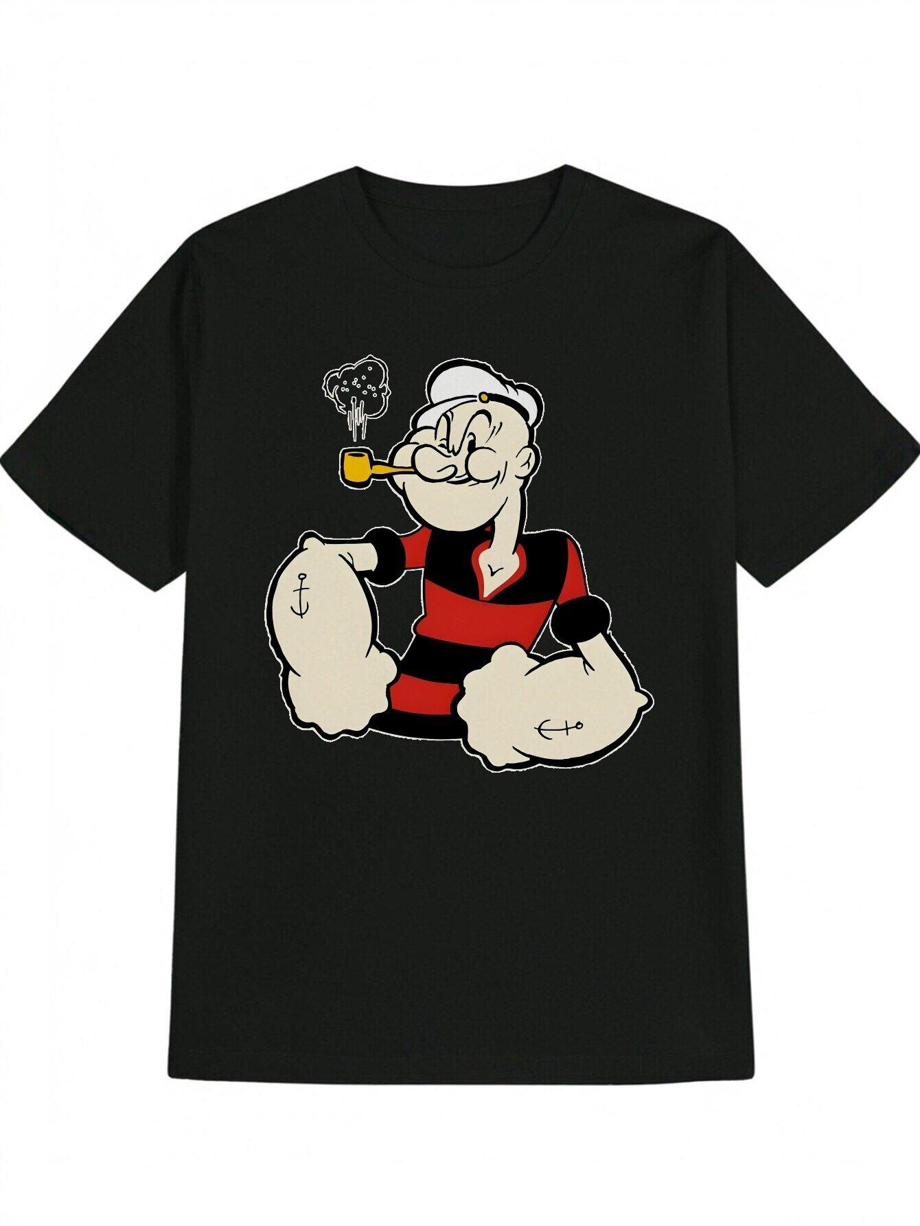 Casual Round Neck T-shirt with Cartoon Character Print - Black Polyester S