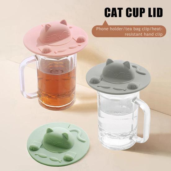 Cat Cup Lid Silicone Cover Heat-Resistant Non-Slip Hot Beverage Lid with Tea Bag Slot Cat Head Shape Microwave Dishwasher Safe Cup Lid
