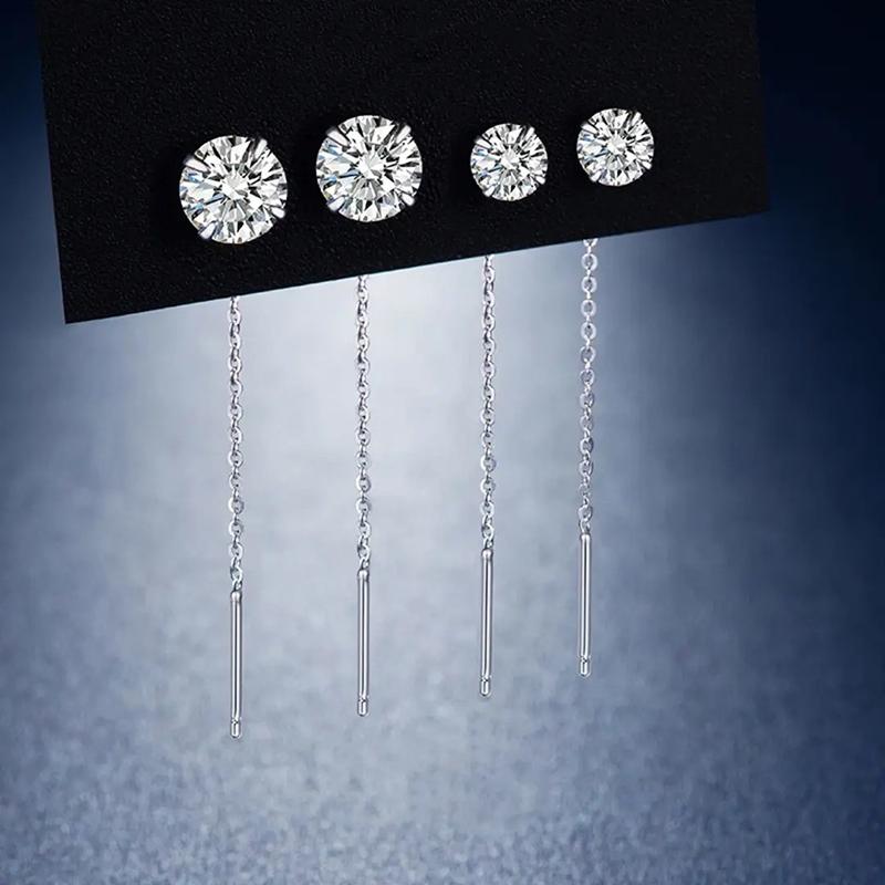 Real 925 Silver 5/7MM Round Zircon Short Tassel Stud Earrings For Women Classic Fine Jewelry Light Luxury Accessories
