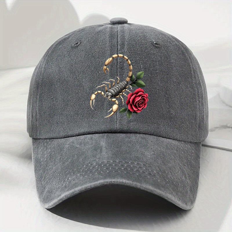 Scorpion and Rose Graphic Washed Baseball Cap Unisex Vintage Polyester Casual Streetwear Adjustable Sports Hat