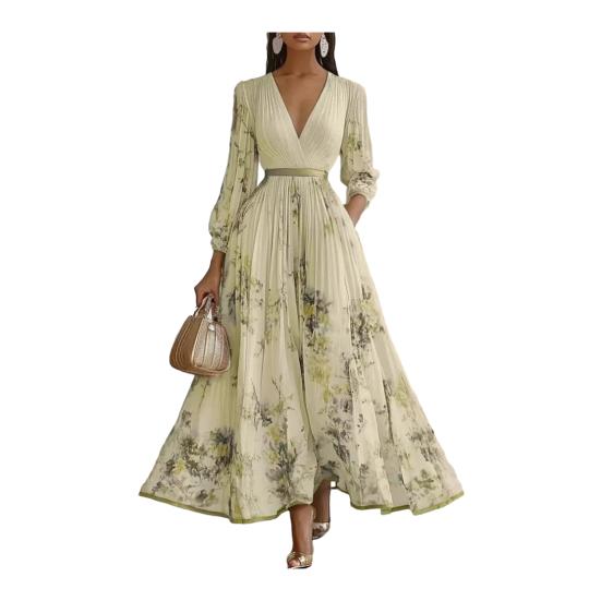 Women's Floral Print Pleated Maxi Dress V Neck Long Sleeve Wedding Guest Dress Spring Flowy Party Cocktail Dress