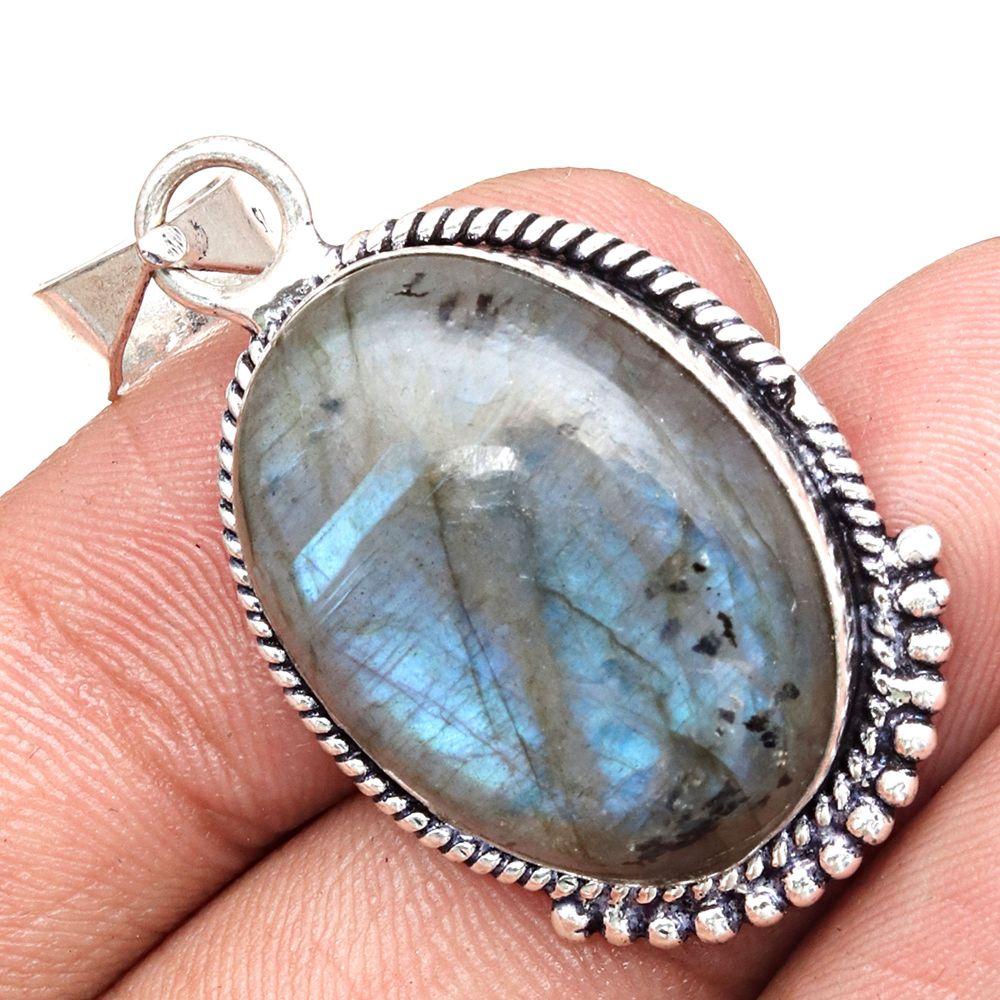 Přívěsek Lesklý Labradorit Drahokam Dárek Pro Ni Stříbrné Šperky 1,5"