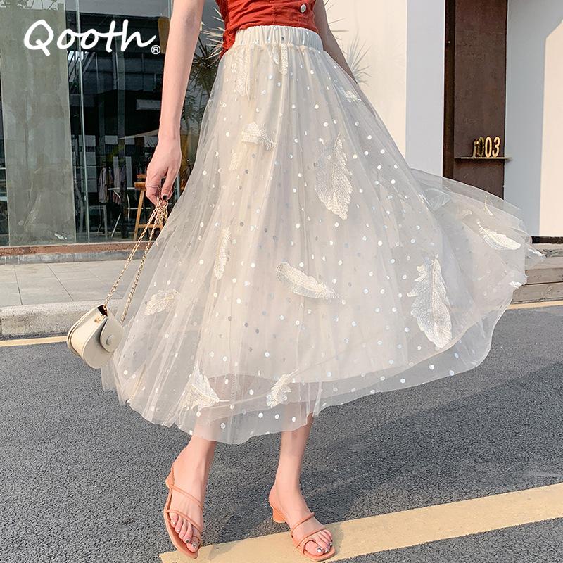Qooth Polka Dot Midi Skirt Calf Length Tulle Skirt Embroidery Print with Paillette for Summer QT2108