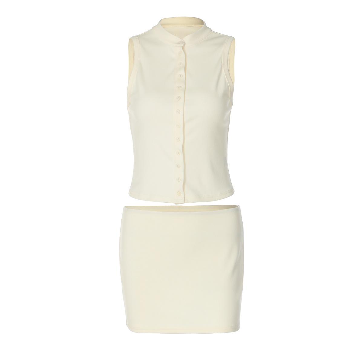 

Women s Sleeveless Stand Collar Button Front Crop Top and Pencil Skirt Set in Beige L абрикосовий