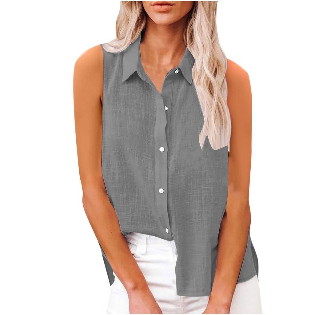 Women's Fashion Casual -Colour Sleeveless Cardigan Collar Cotton-Linen Button-Down Shirt T-Shirt Top