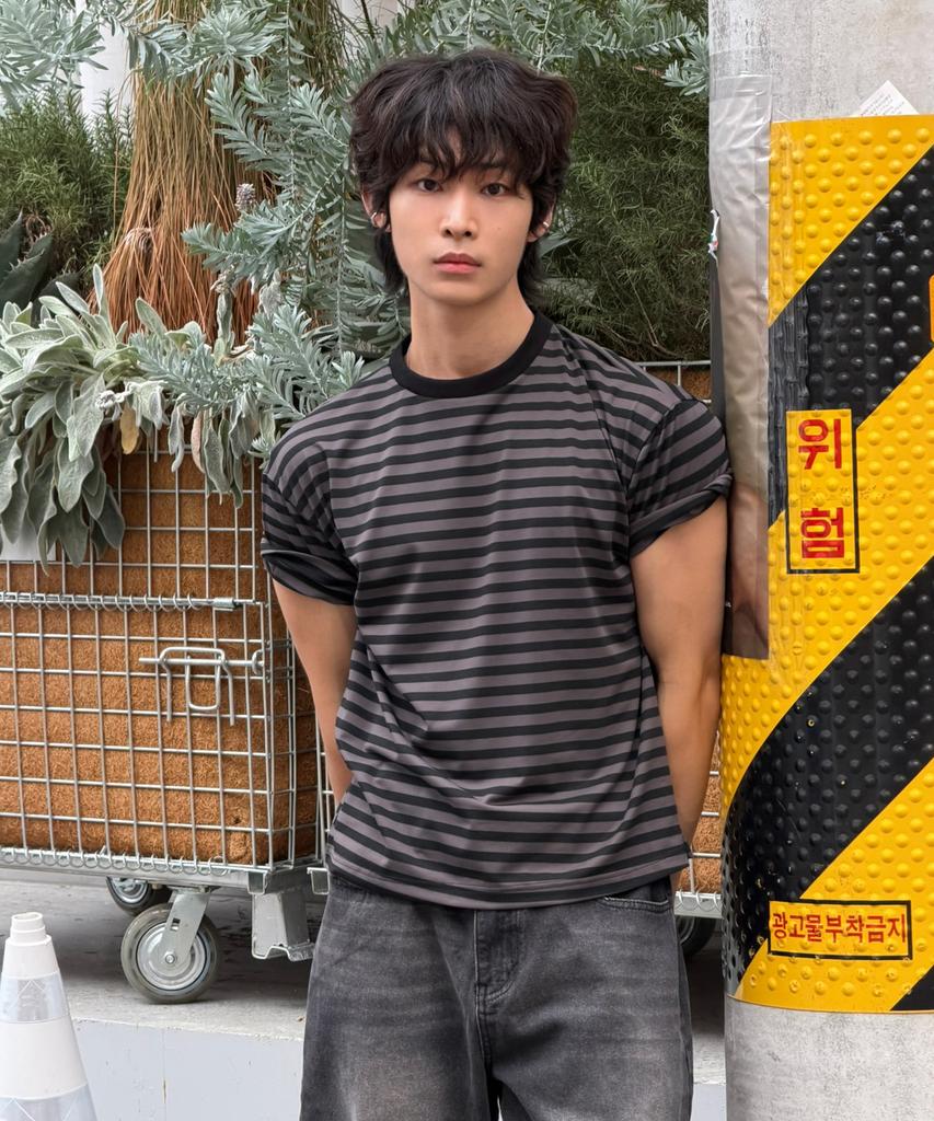SIGNATURE Cropped Soft-Touch Striped Short Sleeve T-Shirt [Black]