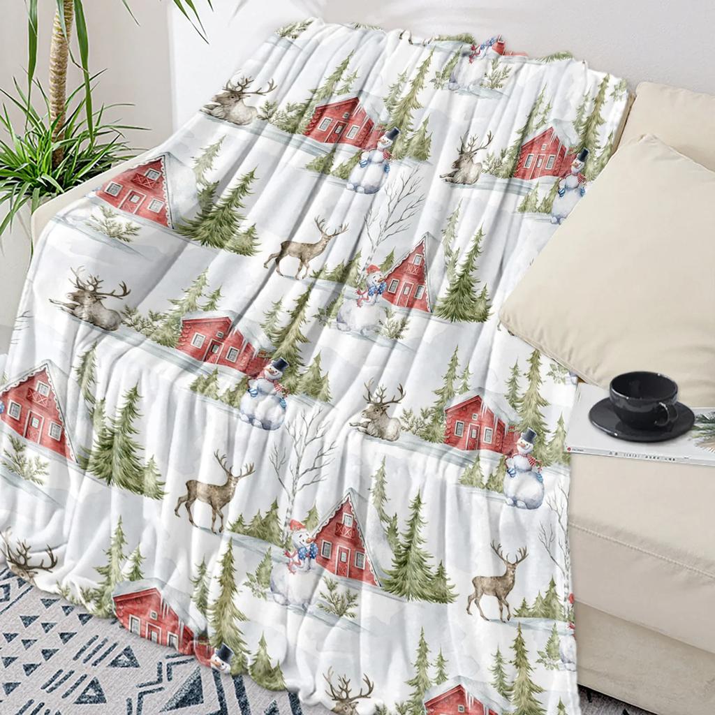 Christmas Snowflake Elk Plaid Throw Blanket for Sofa Christmas Decoration Bedspread Portable Microfiber Flannel Blanket