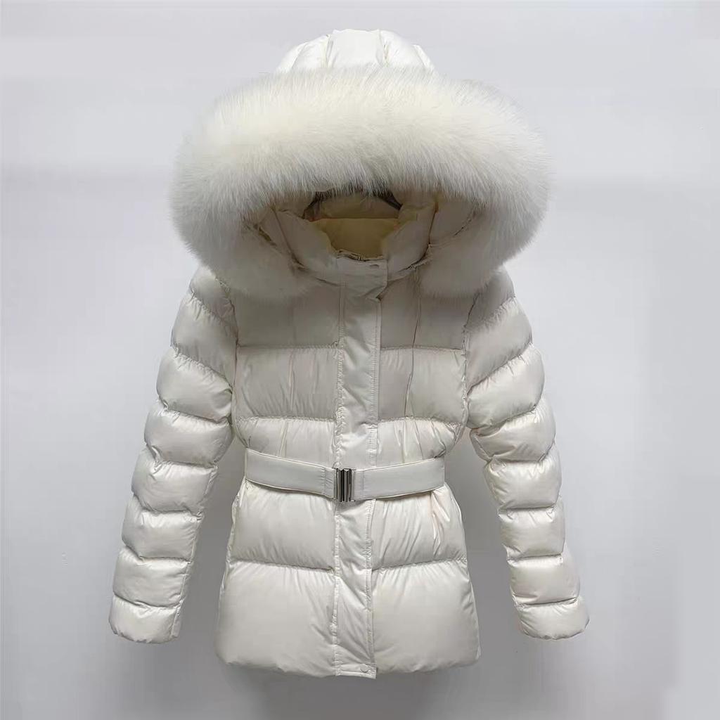 Foreign style waist and thin down jacket women's medium and long small down thickened warm butt cover belt jacket winter