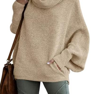 High Neck Women's Solid Color Knitted Sweater Fashion Pullover Lantern Loose Long Sleeve Casual Sweater
