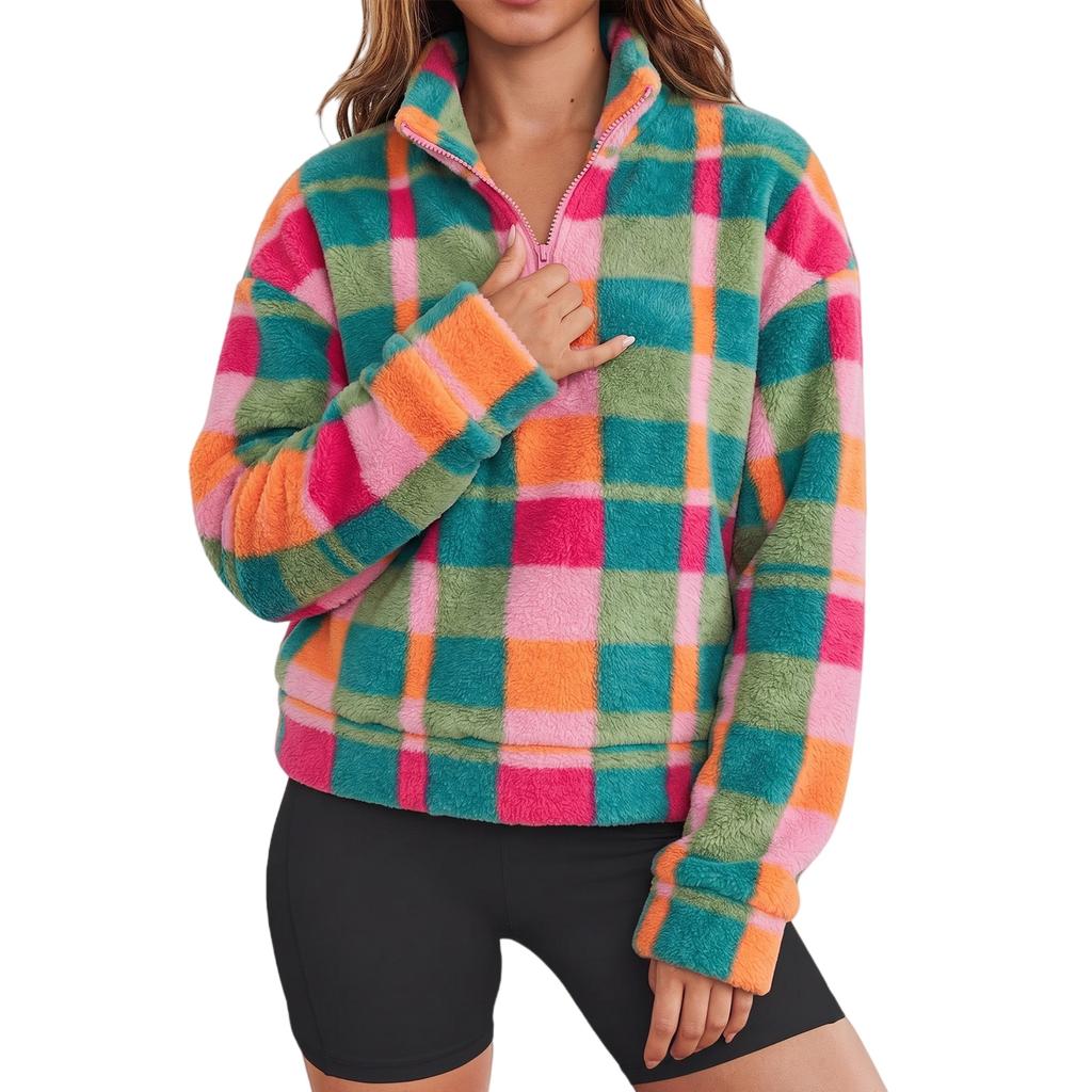 Damen Karomuster Reißverschluss Sweatshirt mit langen Ärmeln und Rundhalsausschnitt Lässiges Oberteil
