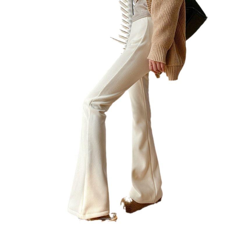 Women's White Wide-Leg Fleece-Lined Pants - High-Waisted, Slightly Flared, Thickened for 2024 Autumn/Winter
