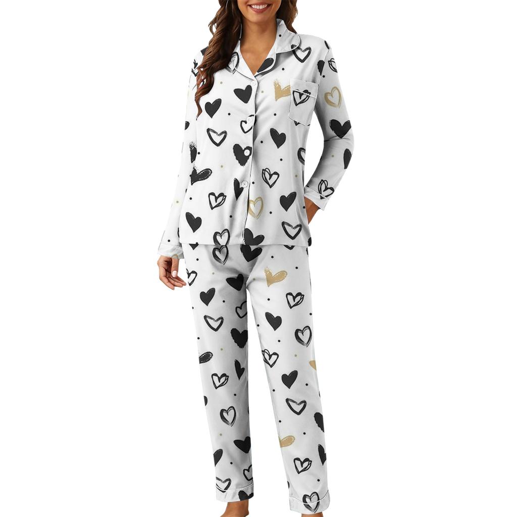 Women's Casual Fashion Heart Print Long-Sleeved Top And Trousers Homewear Set