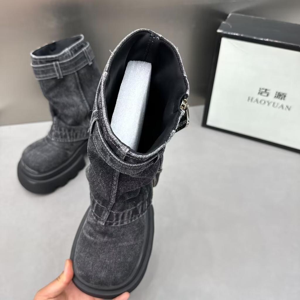Designer Denim Women Ankle Boots Fashion Elegant Side Zippers Belt Buckle Shoes Thick Heel Women's Morder Short Booties