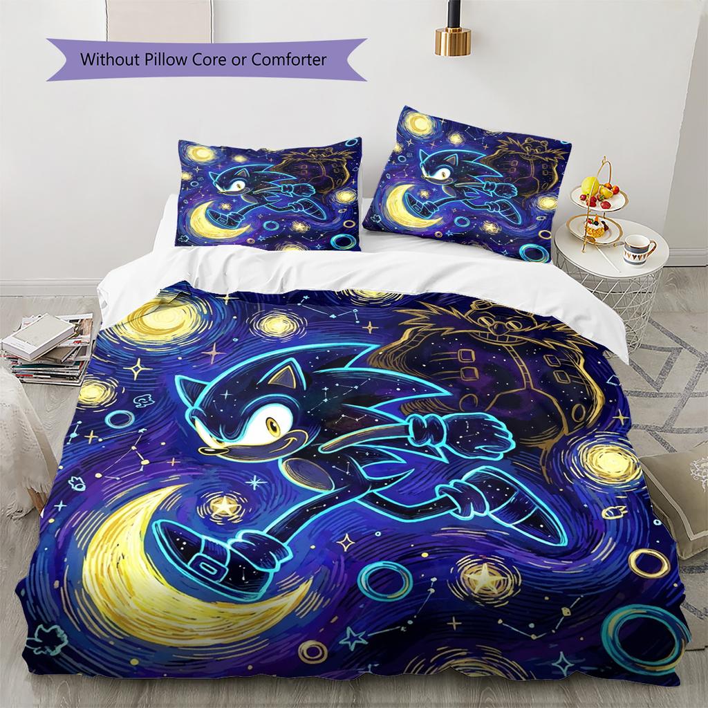 Hedgehog Sonic Pattern Bedding Quilt Set Quilt Cover Pillowcase Home Decoration Birthday Gift (1 * duvet cover + 2 * pillowcase, without core)