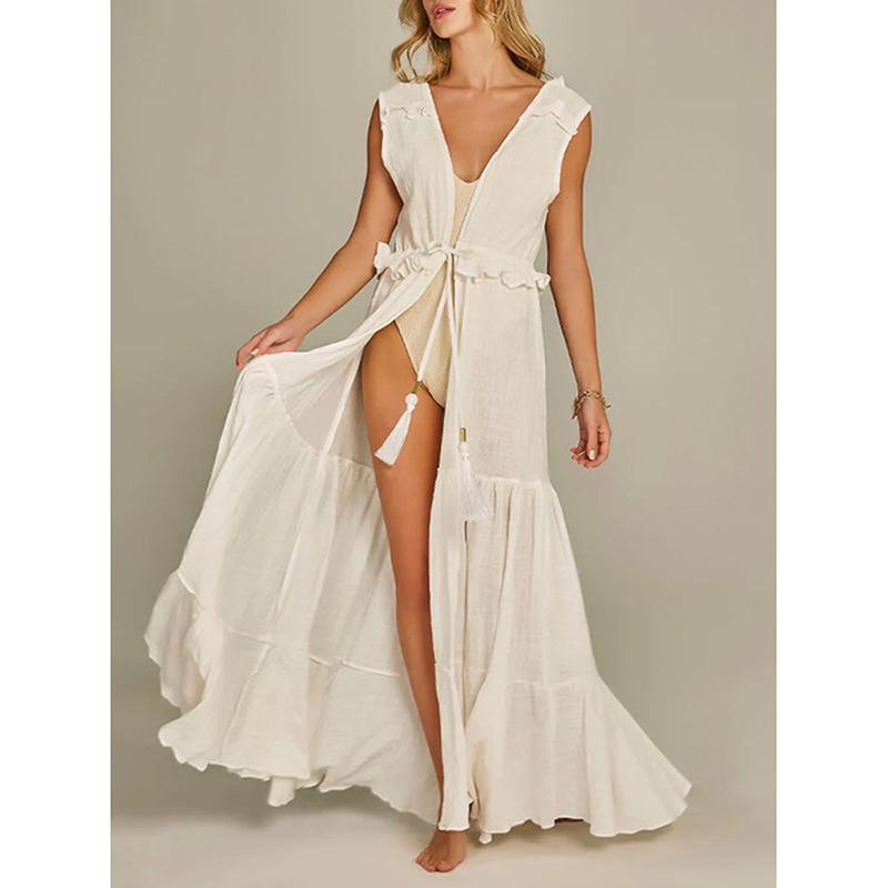 

Европейско-американский кружевной кардиган без спинки на шнуровке для пляжа: С оборками, Подчеркивающий талию, Лоскутный кейп XL бежевый