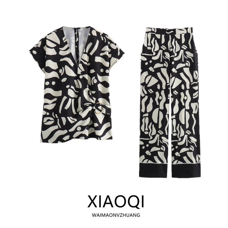 Fashion Style 2024 Summer New Arrival Women's Clothing Buckle Decoration Print Tops Easiest for Match High Waist Straight Pants 3317769