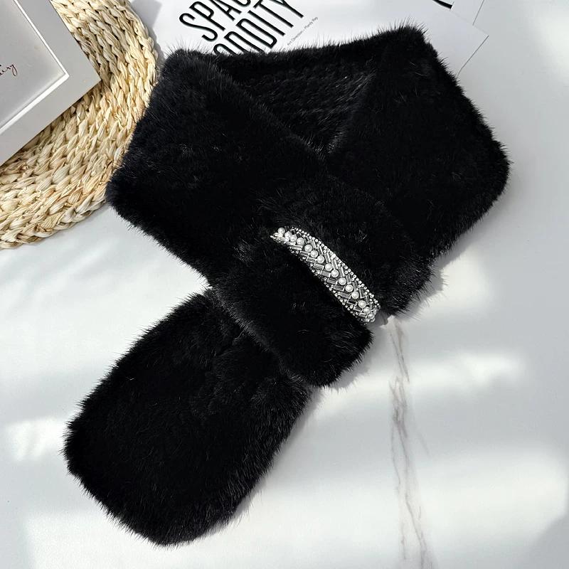 Winter Mink Hair Scarf Women s Double-sided Hair Woven Rhinestones Fashion Versatile Mink Fur Scarf Femininity 80cmx12cm чёрный