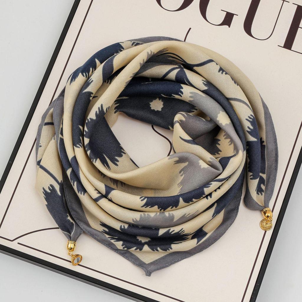 Women's 65" Silk Square Scarf with Magnetic Buckle – Autumn/Winter Print, Fashionable & Versatile Triangle Snood