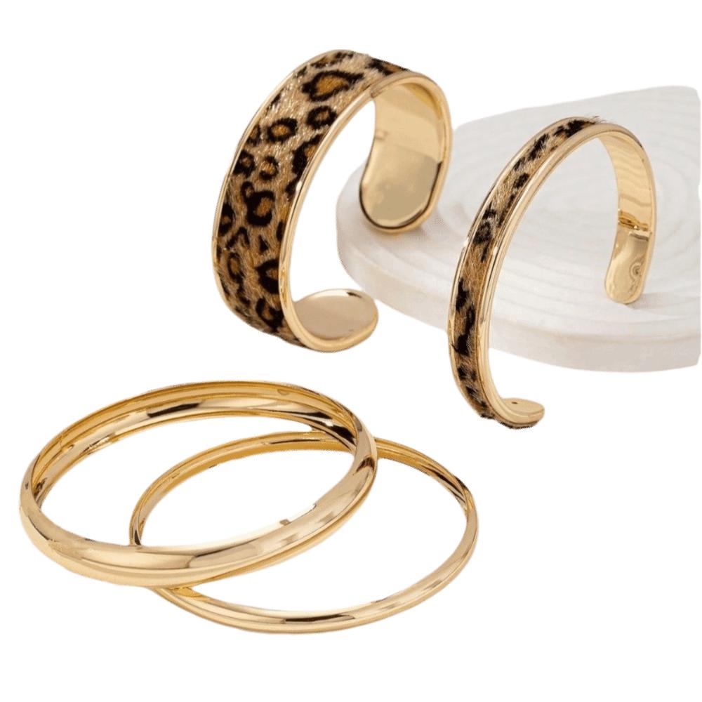 4Pcs Elegant Leopard Print Bangle Set Bohemian Style Open Bangle Stacking Bracelets Jewelry Gift