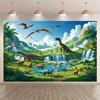 Lebendige Jura-Dinosaurier-Dschungel-Kulisse Wasserfall und Berglandschaft Hintergrundtuch für Partydekoration