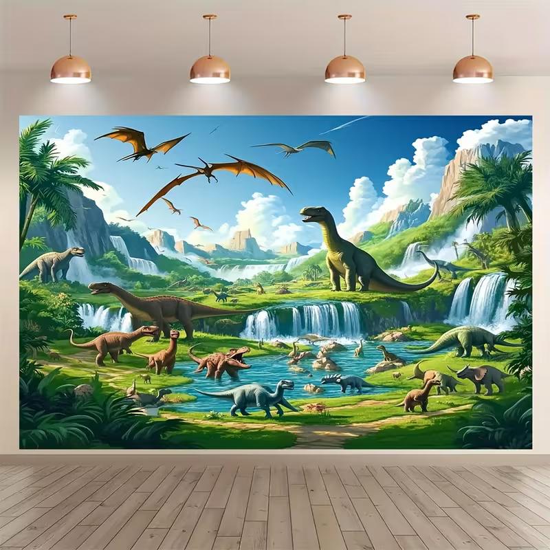 Lebendige Jura-Dinosaurier-Dschungel-Kulisse Wasserfall und Berglandschaft Hintergrundtuch für Partydekoration