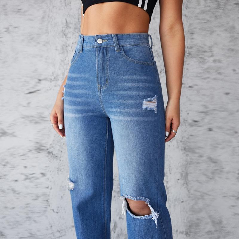Straight Jeans Women's Pant Washed and Torn Holes Non-stretch Wide-leg Trousers