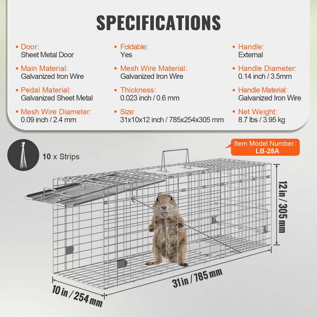 SucceBuy 24/31/42/50in Live Animal Cage Trap Folding Humane Cat Trap Galvanized Iron with Handle for Rabbit Squirrels Groundhogs