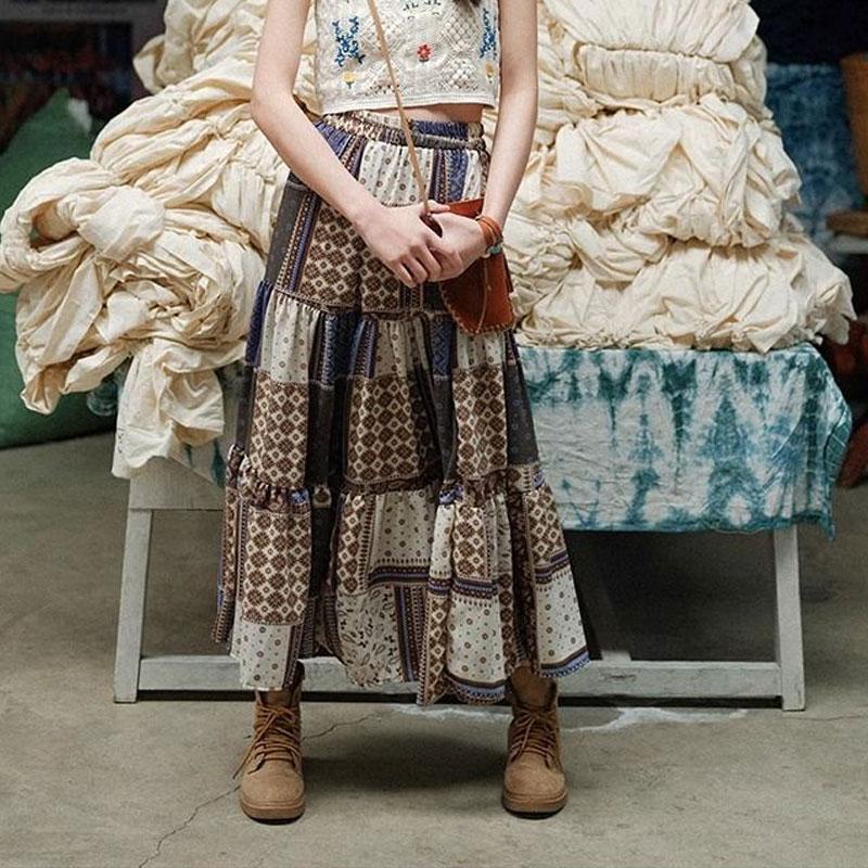 Spring and Autumn Retro Bohemian Style High Waist Skirt Beach Skirt