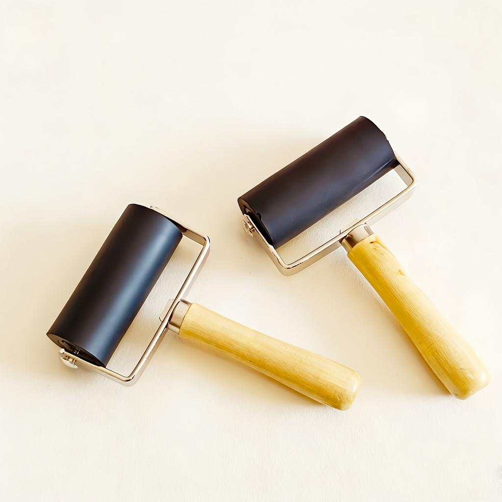 Wood Handle Black Rubber Print Roller Premium Rubber Brayer Roller For Ink Coating Stamping Printmaking Art Craft Supplies
