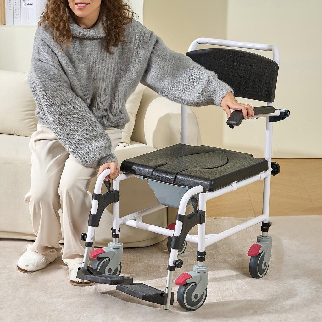 Shower Commode Wheelchair with 4 Lockable Wheels, Footrests, Flip-up Arms, 3-Level Adjustable Height, 5L Removable Bucket, 350 LBS Capacity, Commode