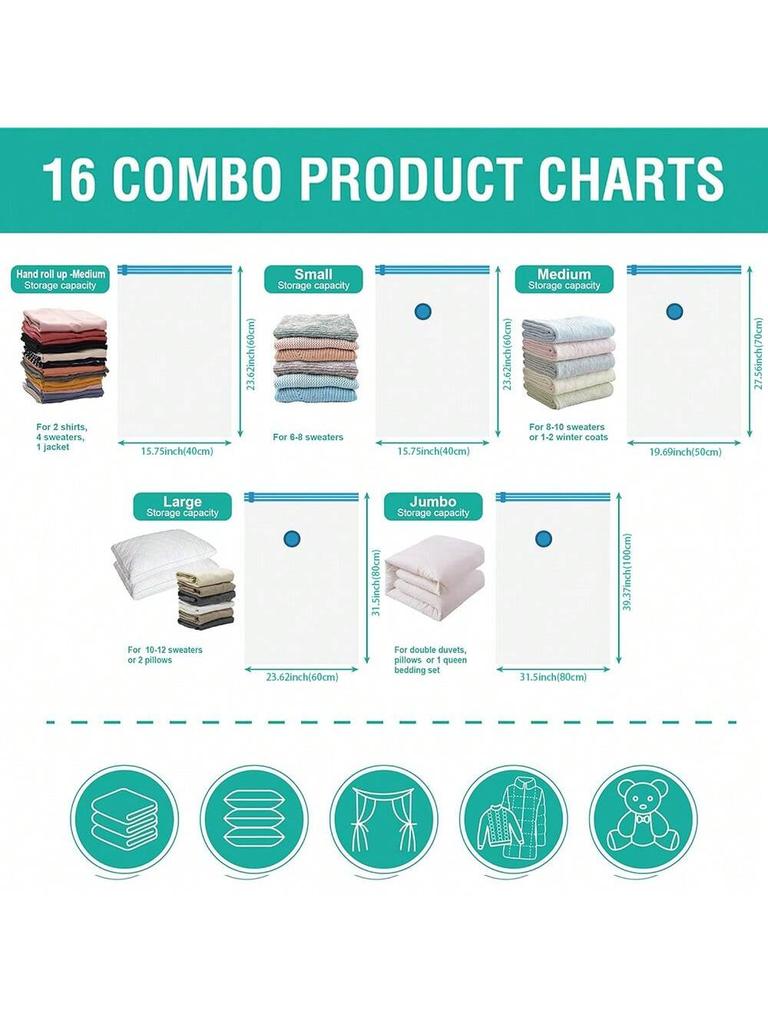 15 Pack Vacuum Storage Bags Space Saver Vacuum Seal Bags for Clothing Compression for Travel Luggage Clothes with Hand Pump