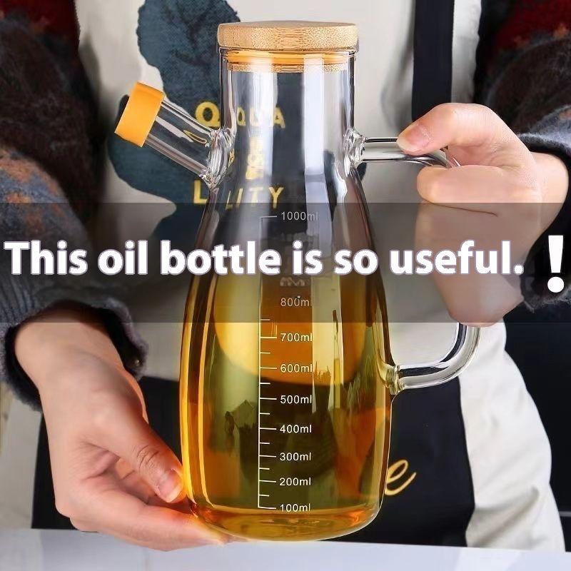 1000Ml Transparent Oil Bottle With Lid Handle Scale Heat-Resistant Glass Oil Pot Vinegar Tank Oil Dispenser Kitchen Tools