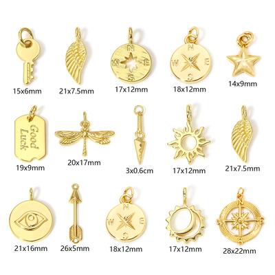 Brass Charms 18K Real Gold Plated Sun Moon Wing Key Good Luck Pendants For DIY Necklace Jewelry Making Findings, 1 Piece