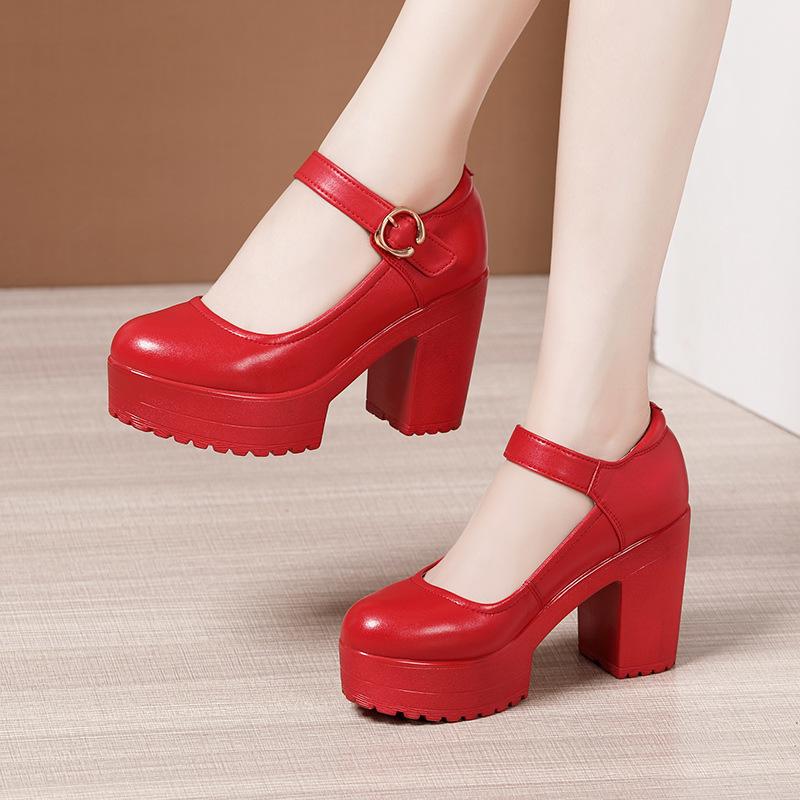 Women's High Heel Shoes Genuine Leather Pumps Platform Mary Jane Shoes Women Office Work Shoe Women's Wedding Shoes 32-43