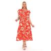 Flounce Sleeves Crew Neck Belted Floral Patterned Long Viscose Dress