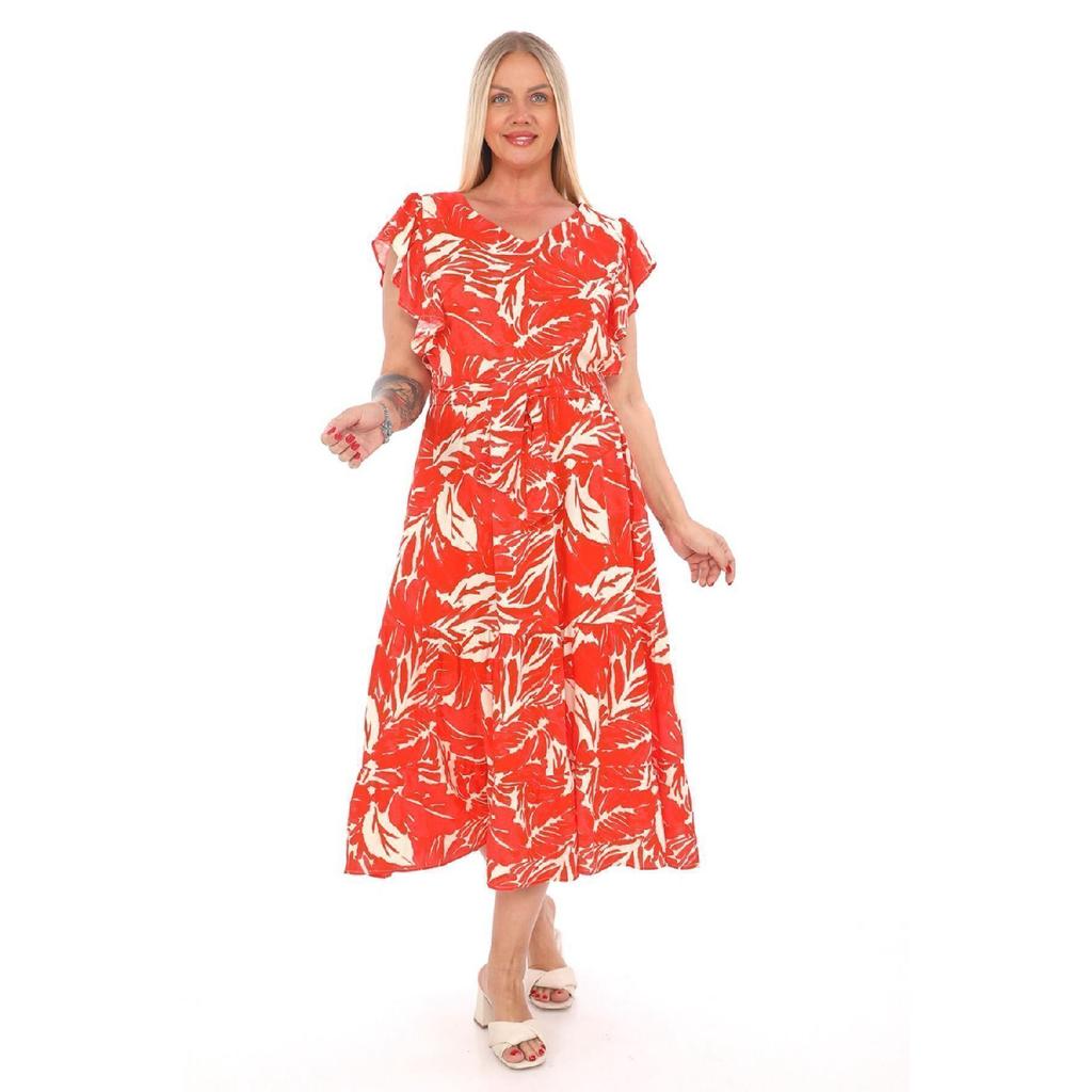 Flounce Sleeves Crew Neck Belted Floral Patterned Long Viscose Dress