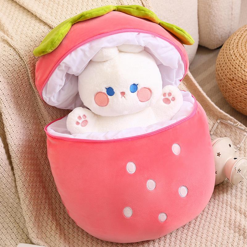 Creative Plush Toy Stuffed Soft Rabbit Pig Hiding in Strawberry Bag  Fruit Animal Pillow Toys Gift New