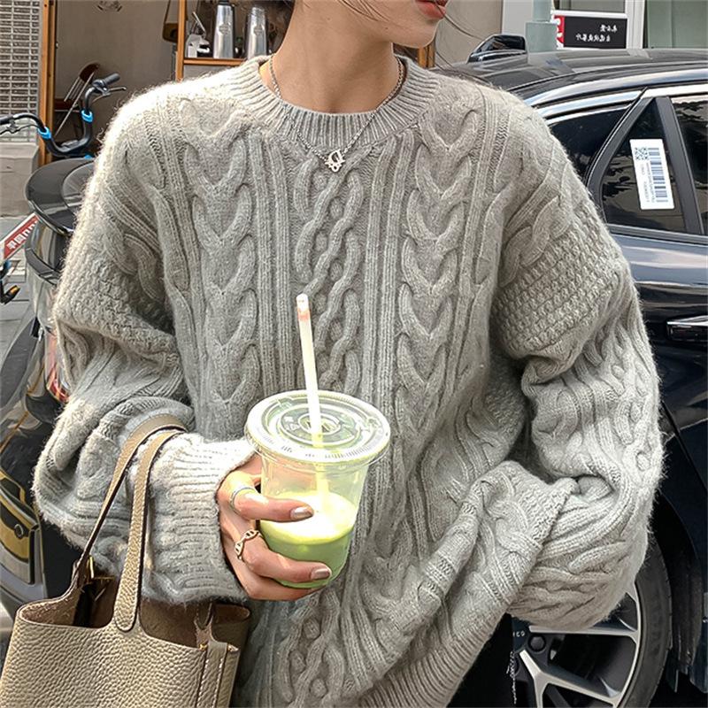Retro crew neck twist simple solid color temperament pullover knitted sweater top versatile and thin sweater women's outer wear