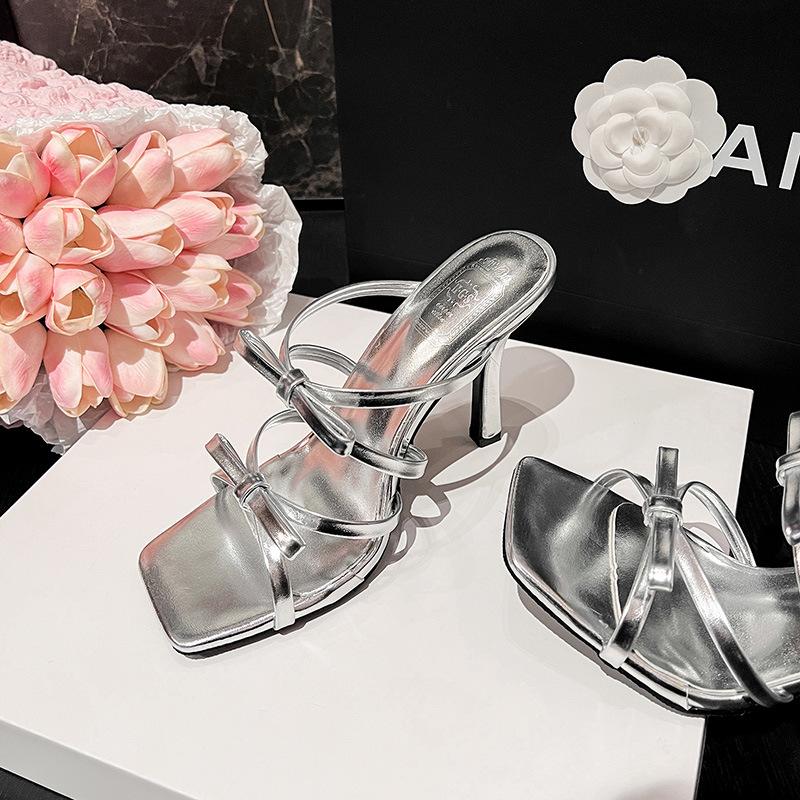 

Fashion bow one-word cool slippers women s summer wear sexy versatile stiletto high heels women s shoes 39 розовый