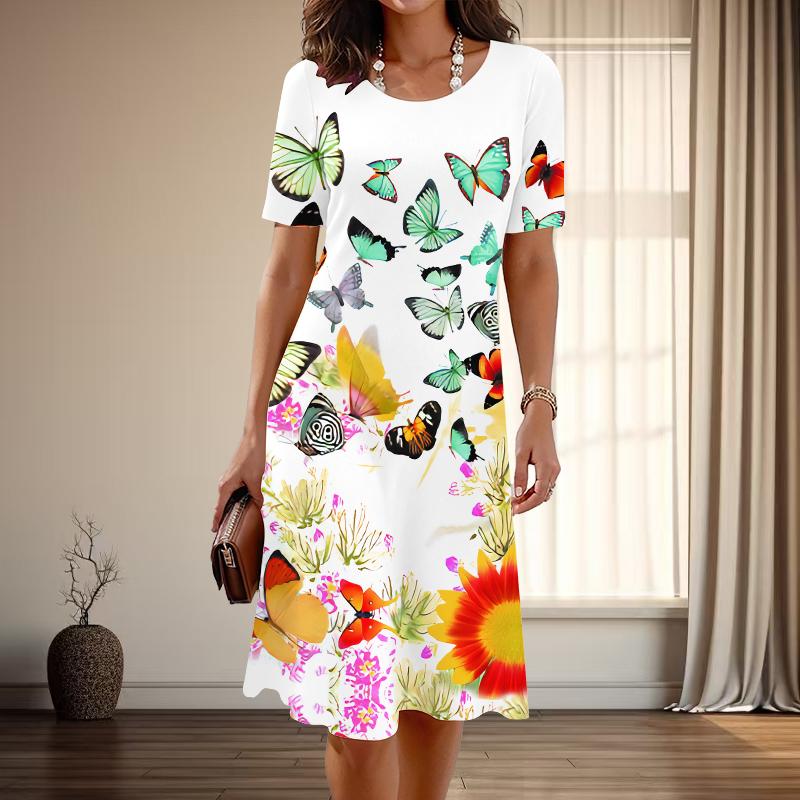Rochii casual cu mâneci scurte, cu decolteu O, cu imprimeu cu fluturi grațios, la modă pentru femei