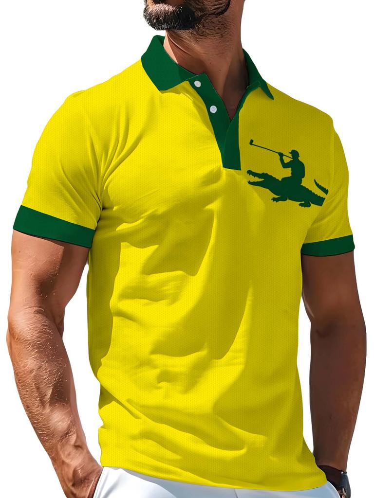 Men's Outdoor Polo Shirt, Available in Multiple Sizes, Featuring a Crocodile Rider Silhouette Print on the Chest. Vibrant, Casual, Stylish, and
