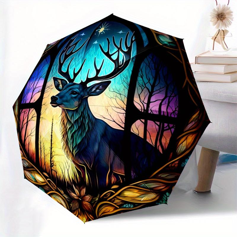 Deer Window Panel  Vibrant Forest Scene" Umbrella, Portable 3 Fold Compact Umbrella for Men & Women,S281
