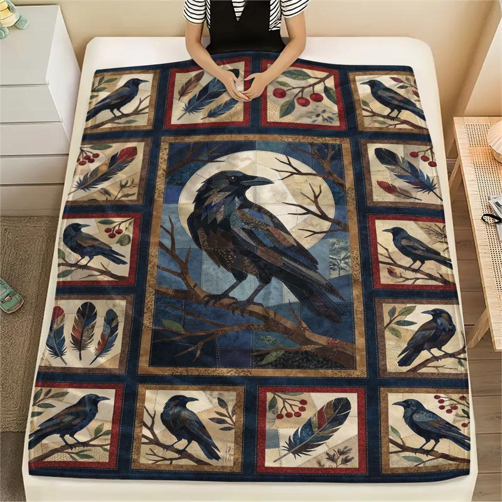 Crow Print Flannel Blanket, High quality Comfortable for All Seasons, Home Decor, Warmth and Comfort, Perfect for Christmas Gifts47
