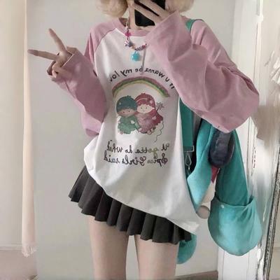 T-Shirt Long Sleeves Clothes Women Cute Cartoon Rainbow Print Long Sleeve T-Shirt Y2k Loose Casual Contrast Girls Tee Tops