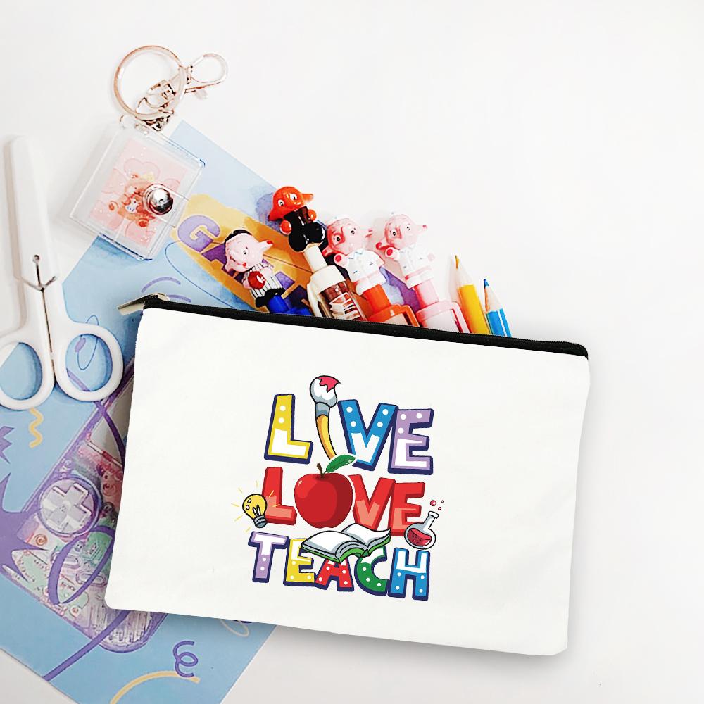 Blessed Teacher Life Leopard Makeup Bags Student White Pencil Pouch Teacher Shopping Handbag Storage Bag Teachers' Day Best Gift