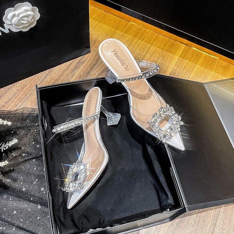 Transparent crystal high heels, wine glass and sandals, female summer wear half slippers, one word with rhinestone square buckle bag head sandals