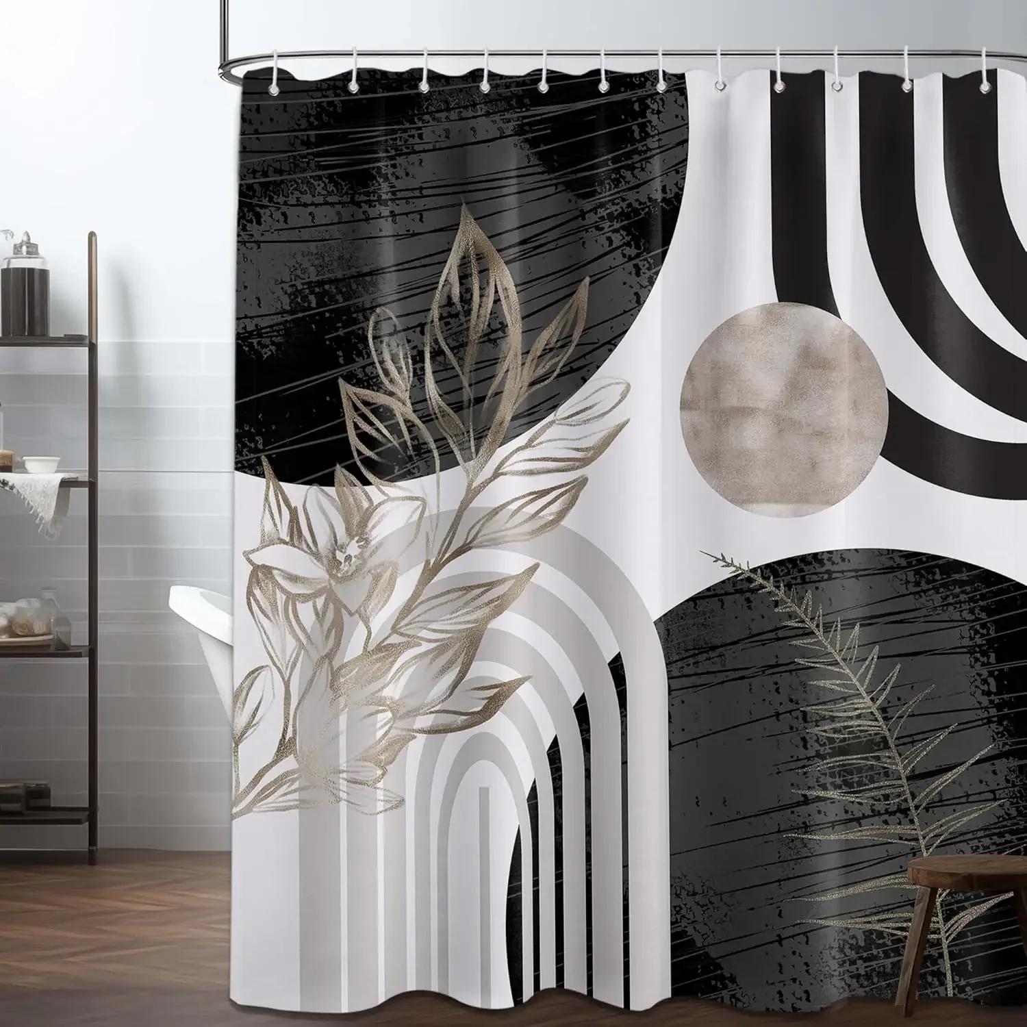 Mid-Century Modern Shower Curtain Bathroom Decoration with Black and Gold Leaves Bathtub Shower Curtain W90XH180cm