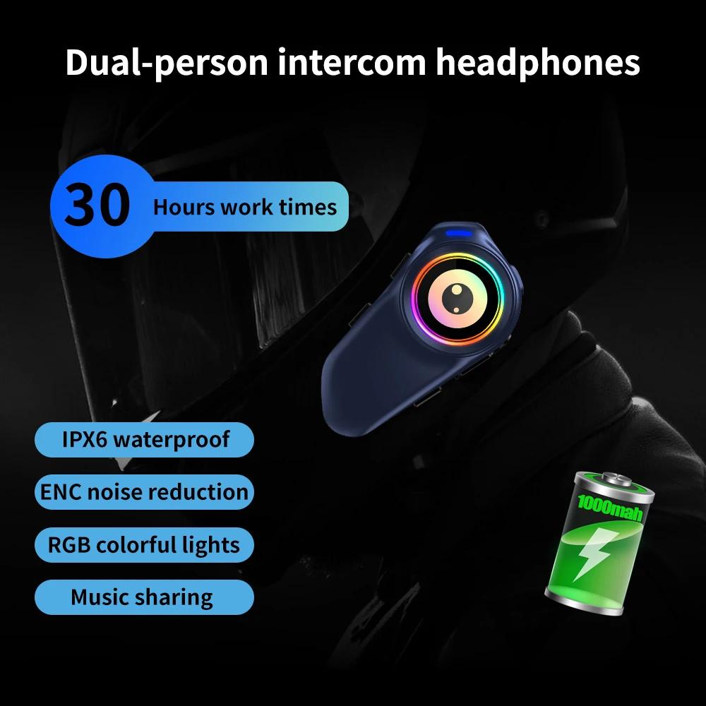 2-Rider 500M Helmet Intercom with Music Sharing, IPX6 Waterproof 1000mah RGB Motorcycle Bluetooth 5.3 Helmet Headset