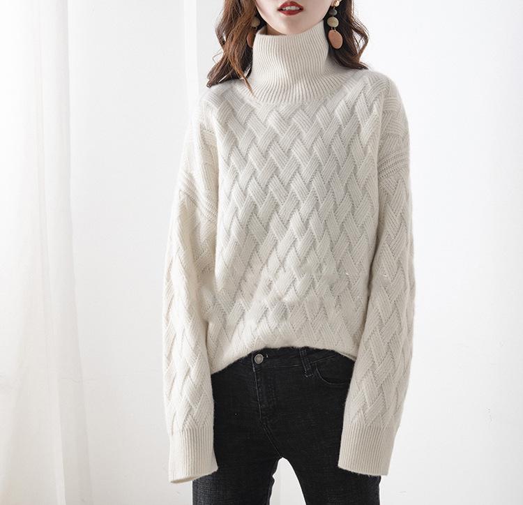 Women's High-Neck Ribbed Knit Sweater - Warm, Thick, Loose Fit for Autumn/Winter 2024, Korean Style
