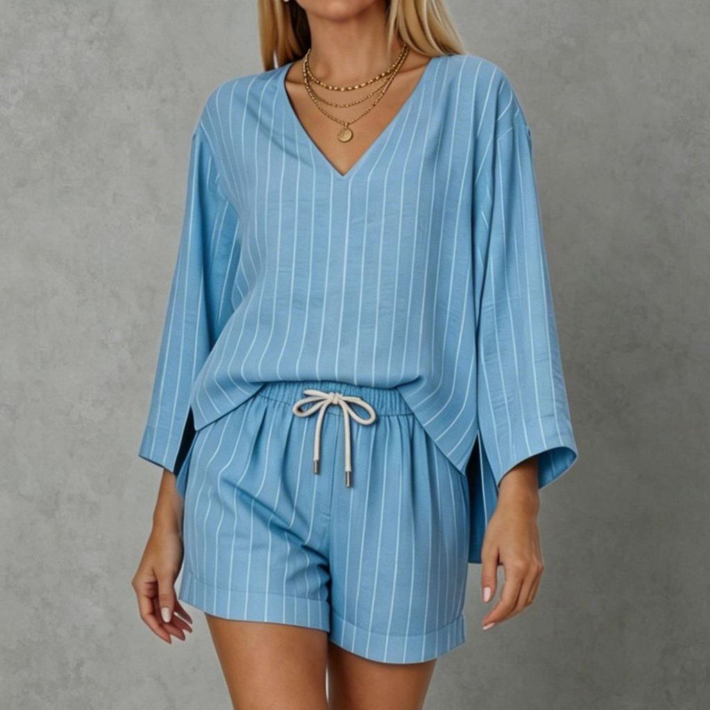 Women's Loose Fit V Neck Long Sleeve Top and Drawstring Waist Shorts Two Piece Set Lightweight Striped Lounge Wear Casual Outfit